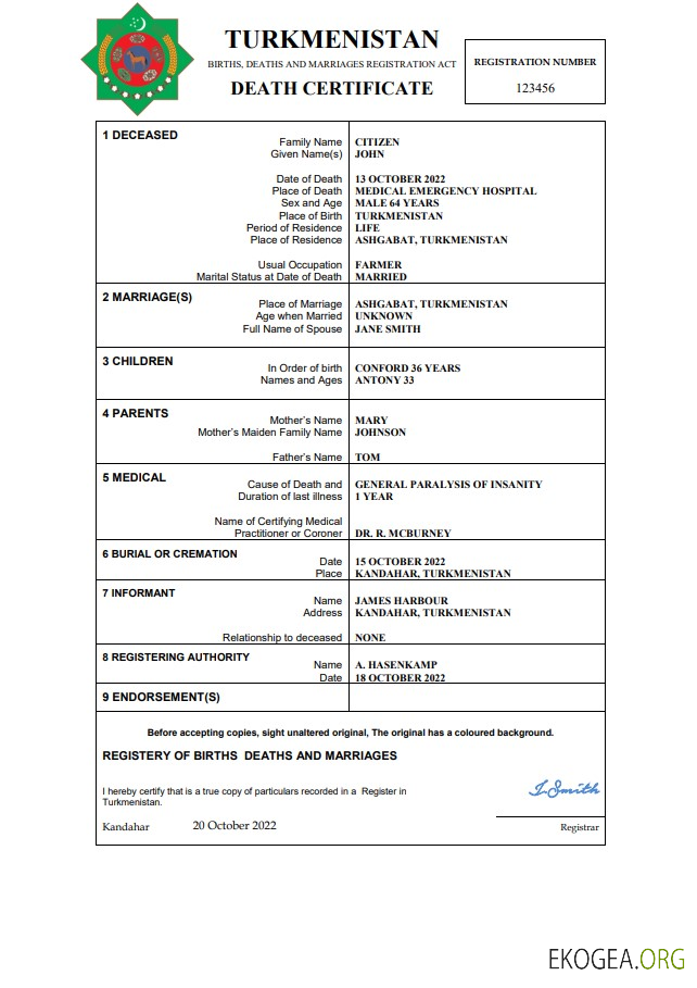 Modèle Word et PDF de certificat de décès du Turkménistan